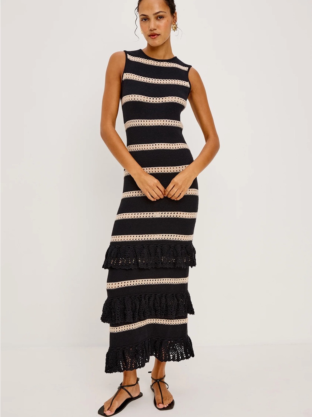 Rails Ana Dress Black Oat Stripe Crochet Knit Maxi Dress Size L Like New Worn 1x